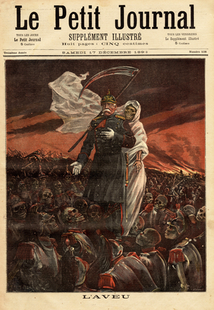 Portrait of Otto von Bismarck (1815-1890) chancellor of the Kingdom of Prussia (1862-1890), he unified Germany by a series of wars and became the first chancellor (1871-1890) of the German empire. He is represented in this composition of Henri Meyer, just after the admission of the falsification of Ems's report, directly at the origin of the War of 1870. Engraving in “” Le petit journal”” 17/12/1892. Selva's collection.