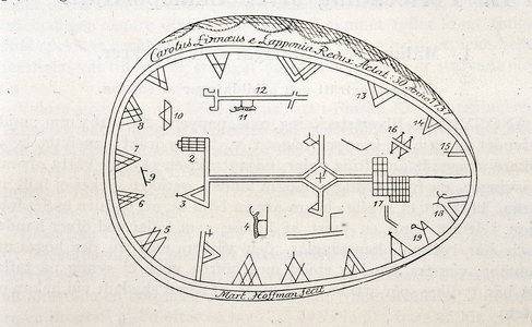 Magic drum of shamans in Lapland, illustration of a book on Linne's journey