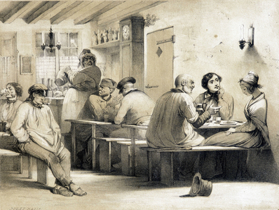 Popular hostel “” Le Carpet Franc””. Illustration of the 19th century.