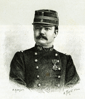 Portrait of Captain Valliere, of the naval infantry, during the expedition to Africa under the command of Gallieni. Engraving by E.Ronjat, after a photograph, to illustrate the story “Exploration du Haut Niger (Haut Niger)” (present-day Mali) by Commander Joseph Gallieni (1849-1916) of the Marine Infantry, 1881-1882. Published in the Tour du monde, 1er semester 1883, edited by Edouard Charton (1807-1890), edition Hachette, Paris.