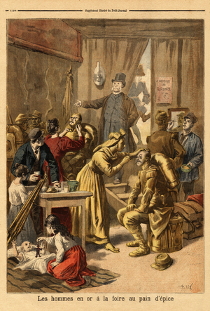 Makeup of actors of a living painting “” men in gold””” for the gingerbread fair. Engraving in “” Le petit journal”” 16/04/1894. Selva's collection.