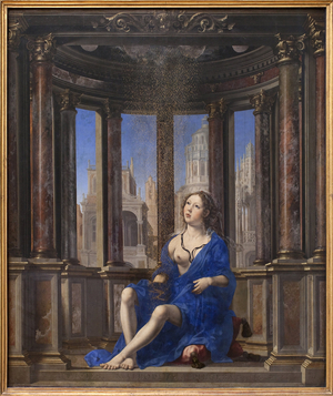 Danae. Jupiter turns into a golden rain to seduce the young woman. Painting by Jan Gossaert dit Mabuse (1478-1532), oil on wood (95 x 113 cm), 1527. Flemish primitive, 16th century. Munich, Alte Pinakothek (Germany).