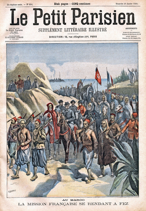 The French Mission in North Africa travels to Fez, Morocco, accompanied by the Sultan,  in " Le petit Parisien””, on the 29/01/1905 (engraving)