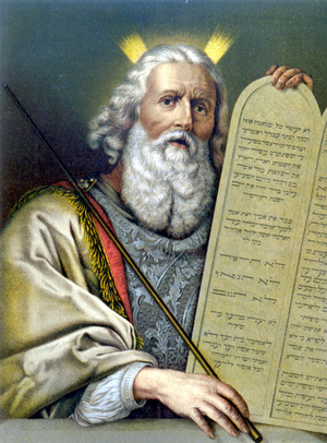 Moses holding the table of law - in “Aurea Bibbia classica: storia della rivelazione divina nell'antico e nel nouvo tesiamento”” by Giovanni Ladislao Sykora (vol. 1), translated by Don Clemente Benetti. (Italian Bible)