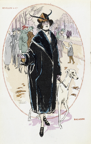 Woman presenting a fur coat for New Year's Eve, 1920s. Drawing by Henri Causon.