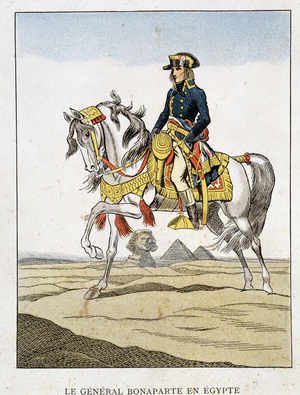 Le général Bonaparte en Egypte, portrait à cheval devant les pyramides et le sphinx.