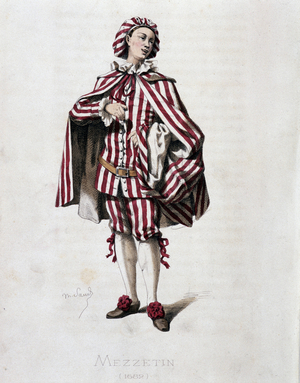 Portrait of Mezzetin (Scapin), 1689. In “” Masques et bouffons”” (Italian comedy), text and drawings by Maurice Sand, etchings by A. Manceau, preface by Georges Sand, Paris, Michel Levy Freres, 1860.