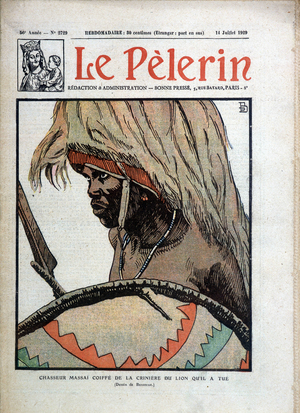 Hunter Massai headdress of the mane of the lion he killed (Drawing by Philippe Brasseur) - in “” Le Pelerin””, 14/07/1929.