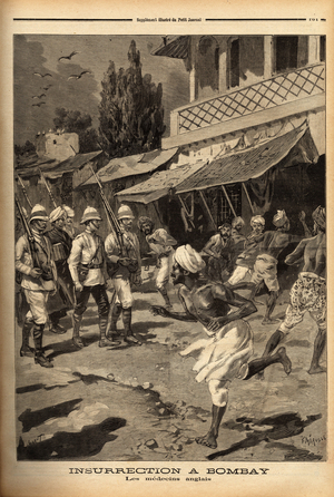 Uprising in Bombay, after the English doctors tried to check the health of a Hindu woman during the epidemic. Engraving in "Le petit journal" 27/3/1898. Selva Collection.