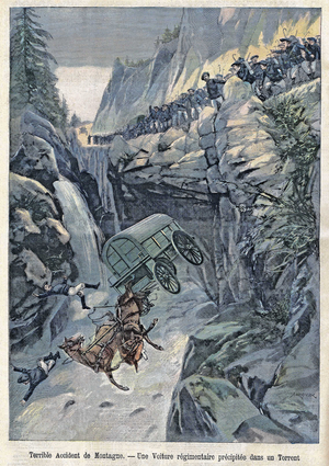 In a mountain accident, a car of the 13th battalion of the Alpine Hunters falls into a ravine in Epierre, Savoy. in “ Le Petit Parisien”, on 17/07/1904 (engraving)