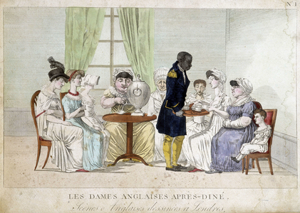 Cartoon on English bourgeois women of the 19th century: “English ladies after dine”. A black servant gives them the tea on a tray.