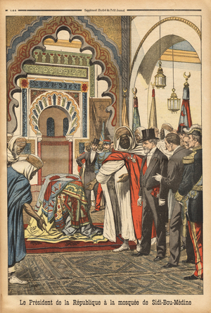 Emile Loubet (1838-1929), President of the Republic on an official trip to the colonies of Algeria, visits the mosque of Sidi Bou Medine, near Tlemcen, to gather in front of the monument dedicated to the memory of the wise Bou Medine. Engraving in "Le petit journal" 3/5/1903. Selva Collection.