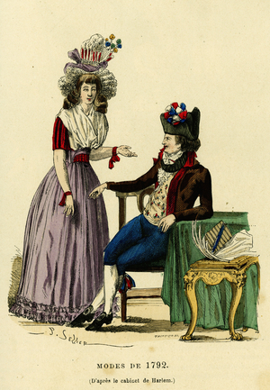 Couple in fashion from 1792. Colour engraving after the drawing of Harlem's cabinet, in “France et les francais a travers les siecles”” by Augustin Challamel, F.Roy editor, Paris 1882. Selva Collection.