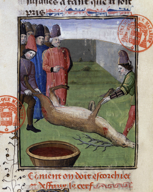 How to depecer a deer - in “” Hunting Book of Gaston Phoebus, Count of Foix, Lord of Béarn””, 14th century