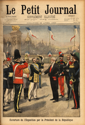 Opening of the exhibition of 1900 by the President of the Republic Emile Loubet (1838-1929). Engraving in "Le petit journal" 22/4/1900. Selva Collection.