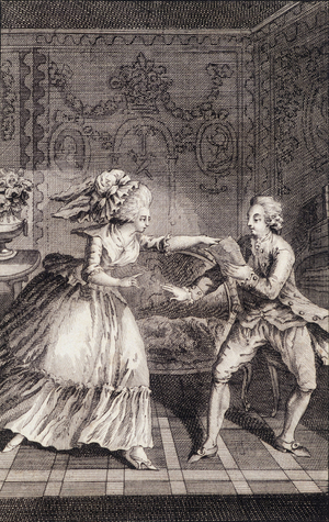 Le billet doux subtilisé (libertinage) - in “” Les francaises ou 34 examples chosen in the current mores fit to lead daughters, women, wives, mothers” by Restif de La Bretonne (1734-1806), ill. by Binet, Neufchatel, 1786