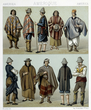 Traditional costumes of Chile. Illustration in “The historical costume” by Racinet, 1876.