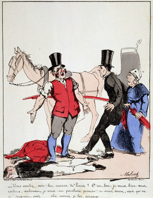 LL. EX. EX. Les automedons : Caricature des transports dans la ville. Un cocher reclame un pourboire princier avant de faire monter deux bourgeois dans sa voiture et les menace. Dessin de Moloch (1849-1909), vers 1860. 