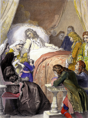 Death of Louis XIV (1638-1715), King of France, on 1 September 1715 in Versailles and the future Louis XV (1710-1774).