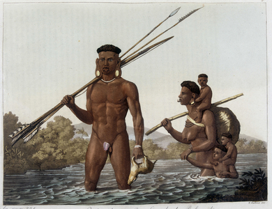 Family of Botocudos Indians returning from hunting and crossing the river Rio Grande to Belmonte in Paraguay.In “” The Old and Modern Costume”” 1818-1820, by Ferrario.