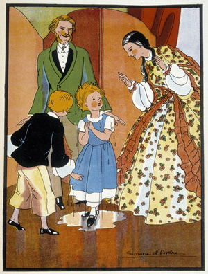 Sophie trempee - in ""Les malheurs de Sophie"" de la Comtesse de Segur, 1938. Illustration par Simone d'Avene (1905-?). Droits reserves.