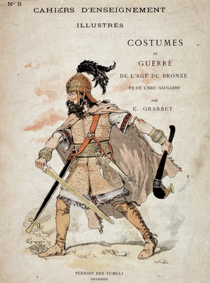 Gallic warrior of the Tumuli period - in “” Illustrous Teaching Cahiers, War Costumes of the Bronze Age and the Gaulish Age””, ed. Grasset. Illustration by Eugene Samuel Grasset (1841-1917).