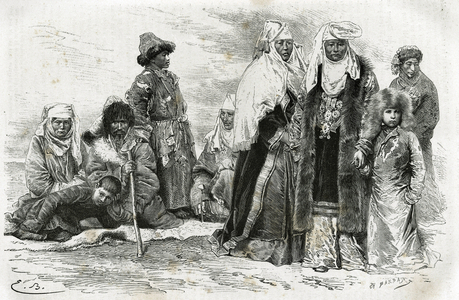 Kirghises pauvres et riches. Gravure d' Emile Bayard, pour illustrer les impressions de voyage d'Orenbourg a Samarkand, par Marie de Ujfalvy-Bourdon, entre 1876 et 1878, in le Tour du monde,  sous la direction d'Edouard Charton, 1879, Paris. Collection Selva. 