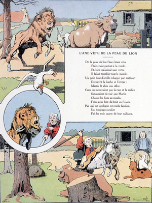 Fable by Jean de La Fontaine “The donkey dressed in the skin of the lion”” illustrated by Benjamin Rabier (1864-1939).