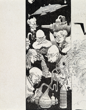 Seven scientists with their invention. In “War in the 20th century” by A. Robida, 1890.