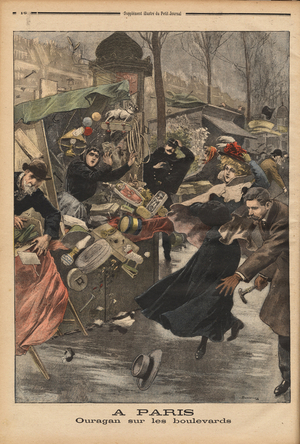The hurricane in Paris takes goods from the Boulevard sales huts and the hats of passers-by surprised by the strength of the weather. Engraving in "Le petit journal" 14/1/1900. Selva Collection.