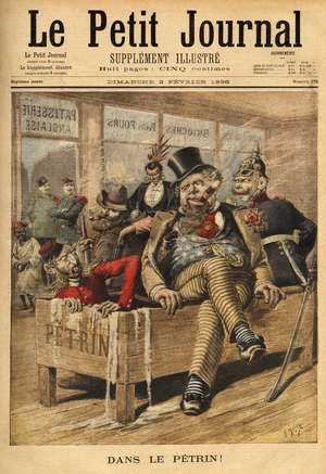 Cartoon on England: French and Russian, has the entrance of an English pastry shop, laughing at English, in the Petrin, with its German ally, because English accumulates diplomatic problems, since the Venezuelan affair, which marks the diplomatic break between the United States and the United Kingdom, and then with the difficult transvaal relations. with the boers, settlers from south africa, of neerlandese origin, refractaries to the british authority. Engraving in “” Le petit journal”” 3/02/1896. Selva's collection.