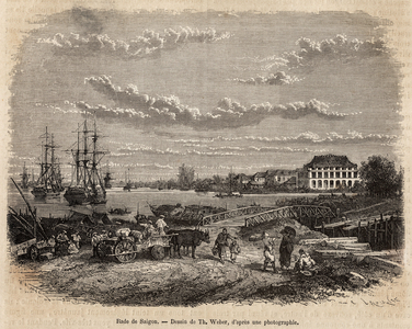 La rade de Saigon, engraving after a drawing by T. Weber, illustrating the voyage to Cochinchine, by Doctor Morice, in 1872, published in “” Le tour du monde””” 1875, edited by Edouard Charton, Hachette edition, Paris. Selva Collection.