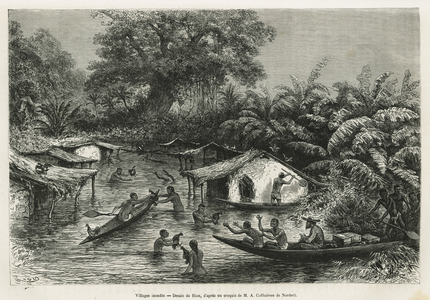 Inondes villages, drawing by Riou, to illustrate the story of a trip to Gabon and the Ogoue River in 1875-1877, by Alfred Marche. Engraving in Le tour du monde, 1878, directed by Edouard Charton, Paris. Selva Collection.