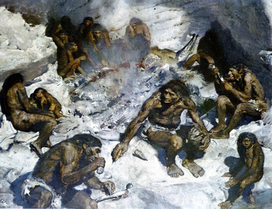 Neanderthal Men of Prehistory - Reproduction of a painting by Zdenek Burian (1905-1981)