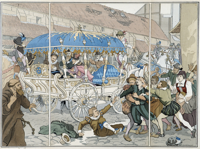 Assassinat de Henri IV par Ravaillac - in ""La locomotion à travers les âges"" par Octave Uzanne, ill. par E. Courbouin, Paris, 1900