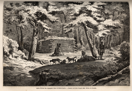 Traveller's winter hut in the beautiful meadow (Canada), refuge for trappers and their sledding. Engraving to illustrate the voyage from the Atlantic to the Pacific (route du nord ouest par les terres), in 1862-1864 by Viscount Milton and Doctor Cheadle, in “Le tour du monde, nouveau journal des voyages”, published under the direction of Edouard Charton, 1866, Paris. Selva Collection.