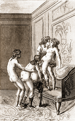 Erotic scene - in “La Nouvelle Justine ou les Malheurs de la vertu” by Donatien Alphonse François de Sade (1740-1814), better known as Marquis de Sade, Dutch edition of 1789