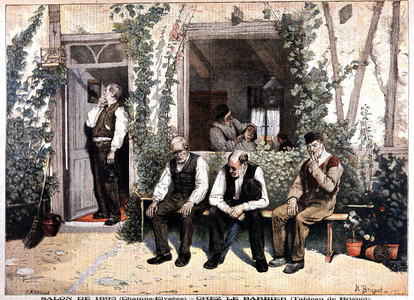 Barber's. Lithography based on the painting of Brispot, exhibition of 1895 at the Champs Elysees. In “” Le Petite Journal”” of May 26, 1895.