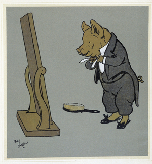 Pig se grooming, adjustant son knot de tie devant un miroir - in “” Merry Party””, ill. by Cécil Aldin, ed. Hodder & Stoughton, London, 1913.