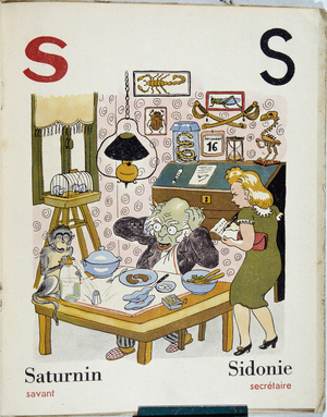 S as Savant et Secretaire - in “” ABC pour les enfants sages””, illustration by Pierre Luc - bookshop Grund.