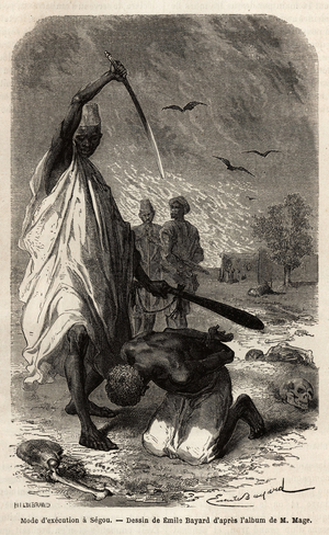 Mode of execution by sword decapitation, of the Toucouleur army of enemy soldiers in Sekou, capital on the banks of the Niger River. Engraving to illustrate the voyage to Western Sudan of Lieutenant (Navy) M.Mage, in 1863-1866, published in “Le tour du monde, nouveau journal des voyages”, under the direction of Edouard Charton, 1868, Paris. Selva Collection.
