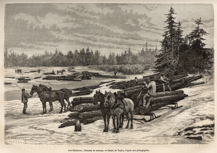 La descente des radeaux dans l'Ontario, les bucherons dechargent les troncs coupes et les installent sur la riviere gelee, puis lors du degel, les troncs seront ainsi emportes par le courant jusqu'au lieu ou ils seront debites et transformes, gravure d'apres un dessin de Taylor, illustrant l'excursion au Canada et a la riviere Rouge du nord, par H. De Lamotte, en 1873, publie dans "" Le tour du monde"" 1875, sous la direction d'Edouard Charton, edition Hachette, Paris. Collection Selva. 