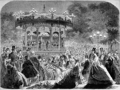Concert at the Champs-Elysées music kiosk, German engraving v. 1861.