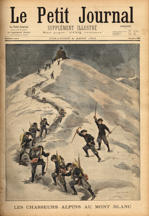 A company of alpine hunters climbed Mont-Blanc. Engraving in "Le petit journal" 4/8/1901. Selva Collection.