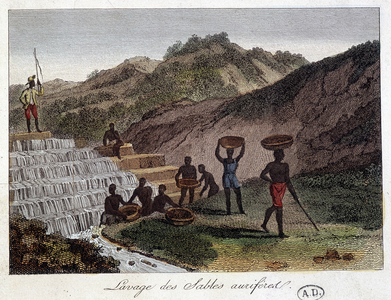 Wash of gold sands by slaves - engraving, late 18th century