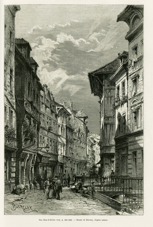 Rue Eau de Robbec. Engraving by Barclay, to illustrate the story Rouen by Eugene Noel, in le tour du monde 1887, directed by Edouard Charton (1807-1890), Hachette, Paris.