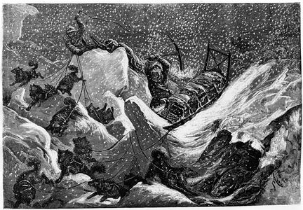 Descent and climb of hummocks - in “a voyage to the polar sea”” by Nares Georges S., Paris, 1880, Hachette.