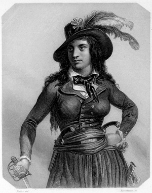 Portrait of Anne Josephe Terwagne, known as Theroigne de Mericourt (1762-1817), French revolutionary. In “L'histoire des Girondins”” by Lamartine, 1847.