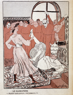 Woman overthrowing the pope (rupture of the concordat) by Jules Grandjouan (1875-1968). “The Butter Plate”, 1904.