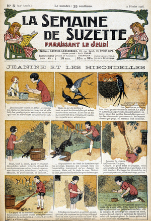 The story of Jeanine and the swallows. Illustration in drawing strips of the cover of the newspaper "La semaine de Suzette" of February 1928.
